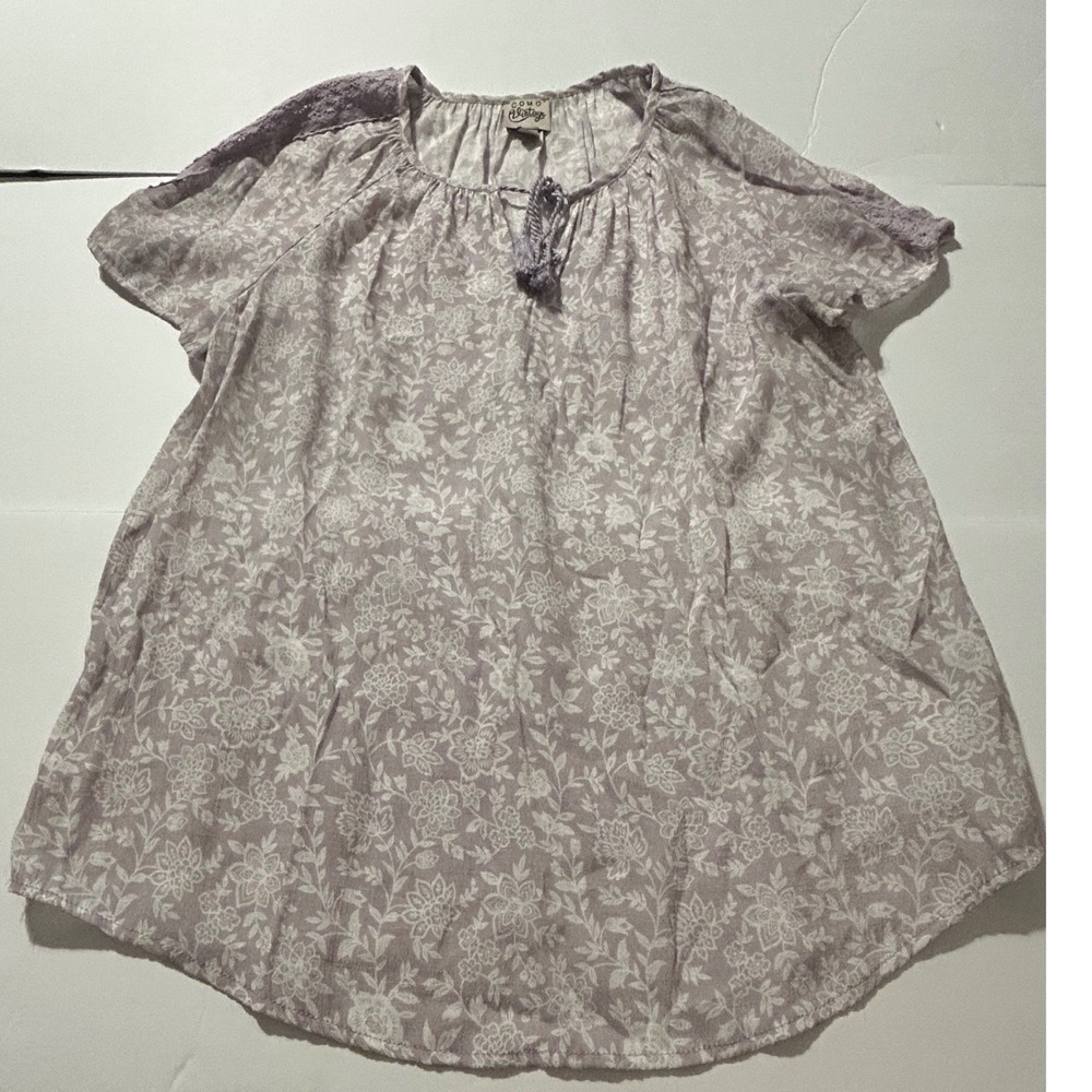 Como Vintage Lavender Floral Lace Trim Peasant Top Boho Romantic Womens Medium